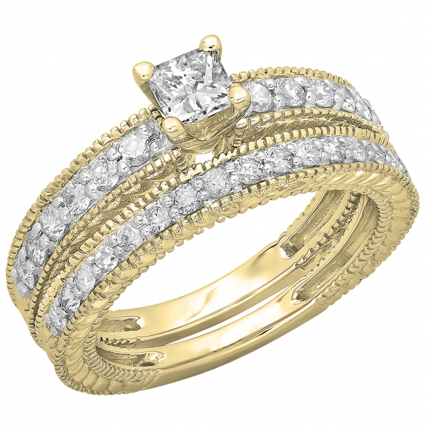 1.10 Carat (ctw) 18K Yellow Gold Princess & Round Cut Diamond Ladies Vintage Bridal Engagement Ring With Matching Band Set 1 CT