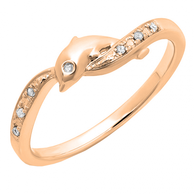 0.05ct 14K Rose Gold Dolphin Diamond Ring For Women - Right Hand Ring, Size 7, Sparkling Round Cut - View #3