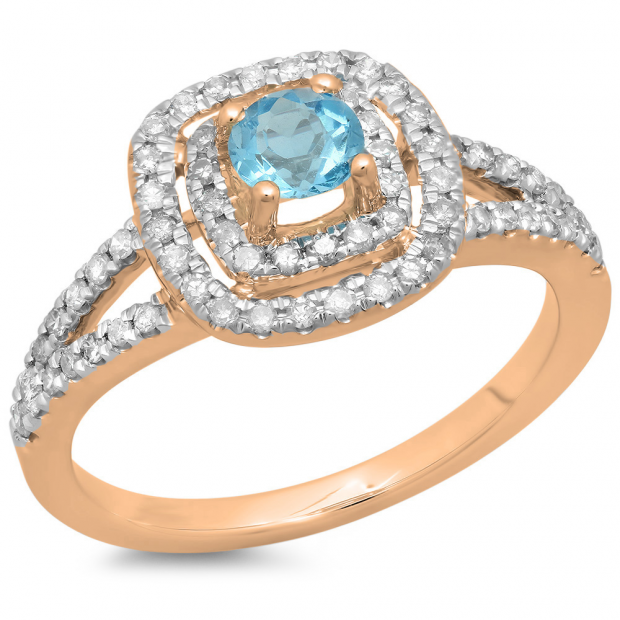 0.80 Carat (ctw) 18K Rose Gold Round Blue Topaz & White Diamond Ladies Split Shank Engagement Halo Bridal Ring 3/4 CT