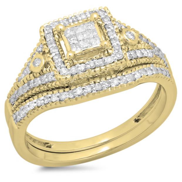0.50 Carat (ctw) 10K Yellow Gold Princess & Round Diamond Ladies Engagement Ring Bridal Set 1/2 CT