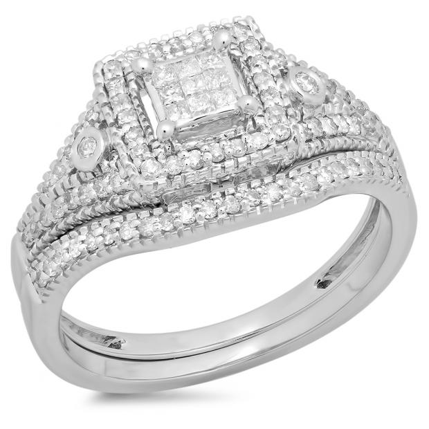 0.50 Carat (ctw) 18K White Gold Princess & Round Diamond Ladies Engagement Ring Bridal Set 1/2 CT