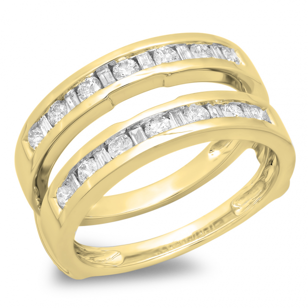 0.75 Carat (ctw) 10K Yellow Gold Round & Baguette White Diamond Ladies Anniversary Wedding Band Guard Double Ring 3/4 CT