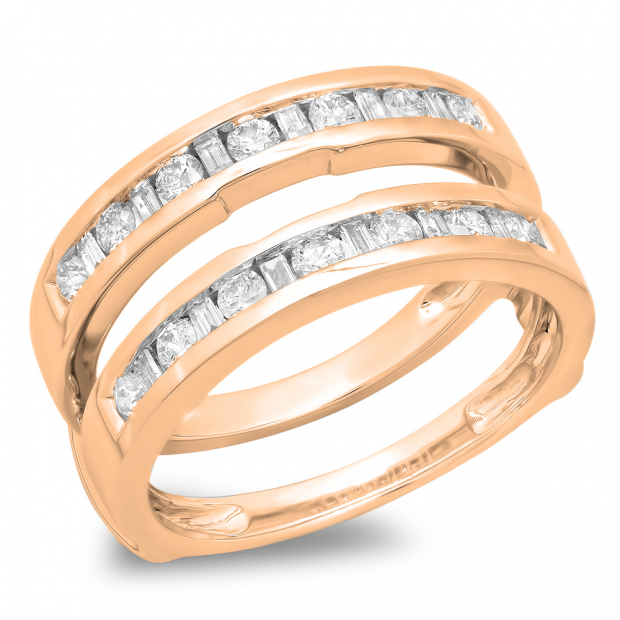 0.75 Carat (ctw) 18K Rose Gold Round & Baguette White Diamond Ladies Anniversary Wedding Band Guard Double Ring 3/4 CT