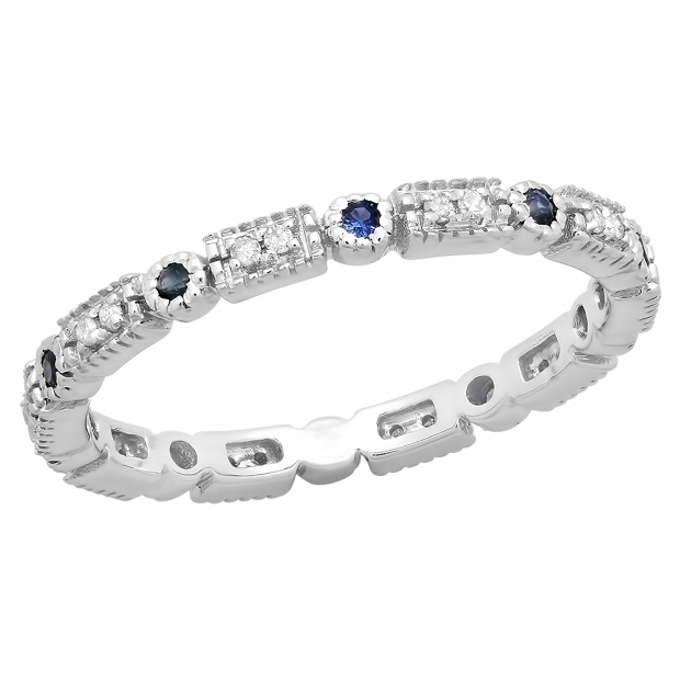 0.25 Carat (ctw) 10K White Gold Round Blue Sapphire And White Diamond Ladies Vintage Style Anniversary Wedding Eternity Band Stackable Ring 1/4 CT