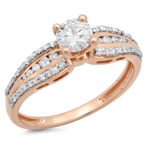 0.75 Carat (ctw) 10K Rose Gold Round White Diamond Ladies Solitaire With Accents Bridal Engagement Ring 3/4 CT