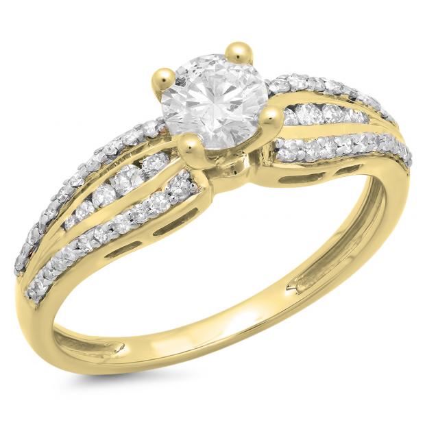 0.75 Carat (ctw) 10K Yellow Gold Round White Diamond Ladies Solitaire With Accents Bridal Engagement Ring 3/4 CT