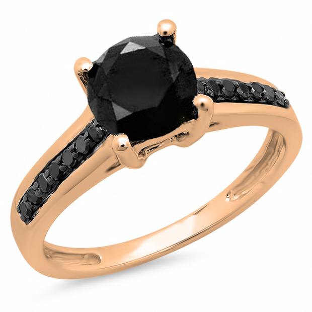 1.16 Carat (ctw) 10K Rose Gold Round Cut Black Diamond Ladies Bridal Solitaire With Accents Engagement Ring