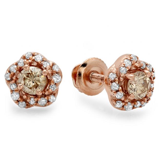 0.45 Carat (ctw) 18K Rose Gold Real Round Cut Champagne & White Diamond Ladies Cluster Halo Style Stud Earrings 1/2 CT