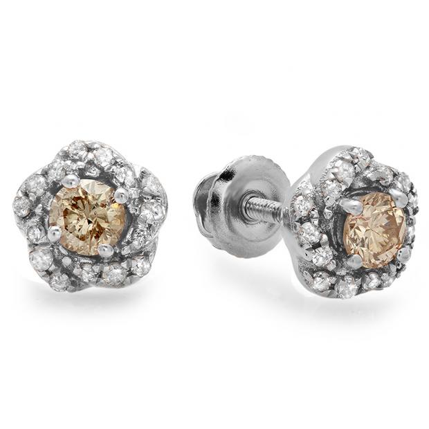 0.45 Carat (ctw) 18K White Gold Real Round Cut Champagne & White Diamond Ladies Cluster Halo Style Stud Earrings 1/2 CT