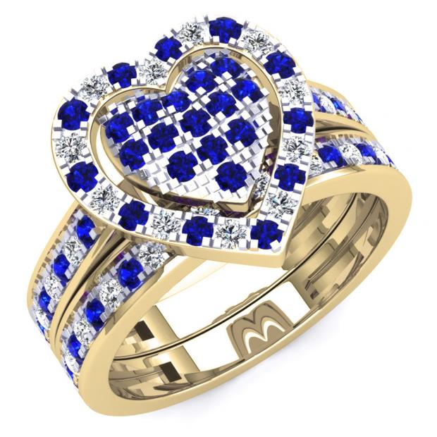 1.10 Carat (Ctw) 14K Yellow Gold Round Cut Blue Sapphire & White Diamond Ladies Heart Shaped Bridal Engagement Ring With Matching Band Set 1 CT