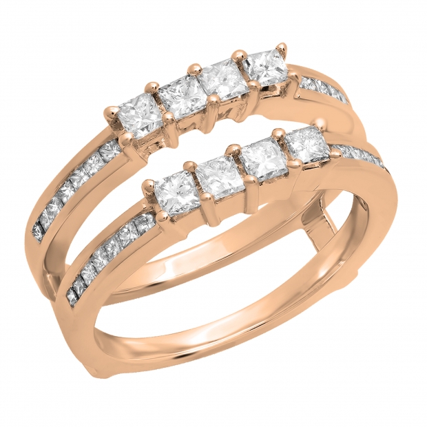 0.90 Carat (ctw) 10K Rose Gold Princess Cut White Diamond Ladies Anniversary Wedding Band Enhancer Guard Double Ring