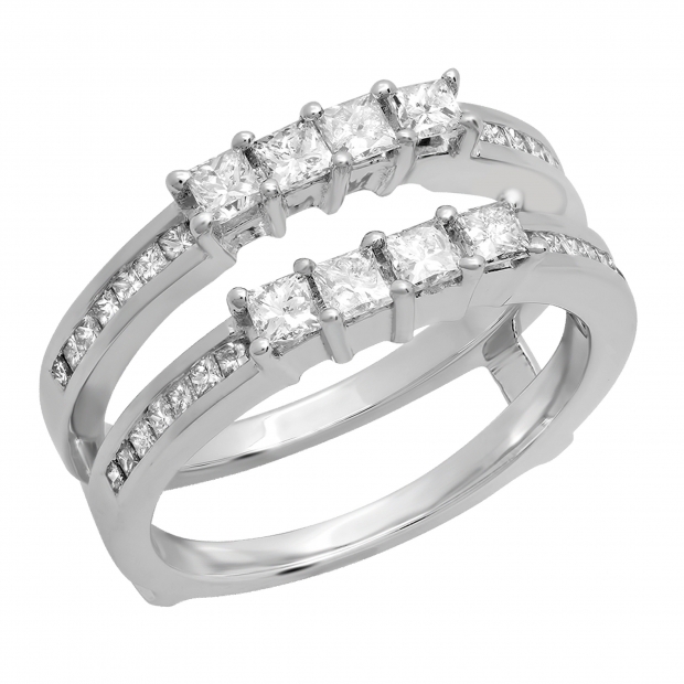0.90 Carat (ctw) 18K White Gold Princess Cut White Diamond Ladies Anniversary Wedding Band Enhancer Guard Double Ring
