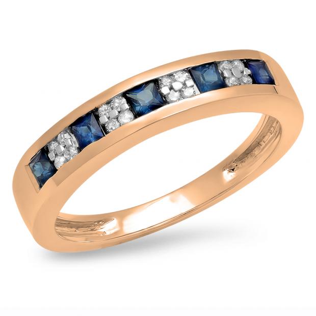 0.45 Carat (ctw) 10K Rose Gold Round & Princess Cut White Diamond & Blue Sapphire Ladies Anniversary Wedding Band Stackable Ring 1/2 CT
