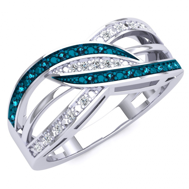 0.20 Carat (ctw) Sterling Silver Round Blue & White Diamond Ladies Swirl Split Shank Fashion Right Hand Ring 1/5 CT