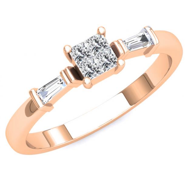 0.20 Carat (ctw) 14K Rose Gold Princess & Tapered Cut White Diamond Ladies Invisible Engagement Ring 1/5 CT