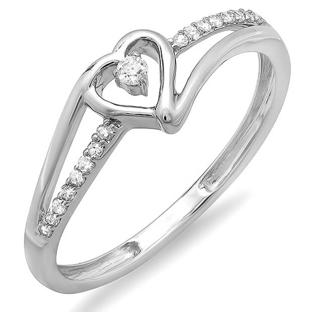 0.09 Carat (ctw) 14K White Gold Round Cut Diamond Ladies Bridal Promise Heart Split Shank Engagement Ring