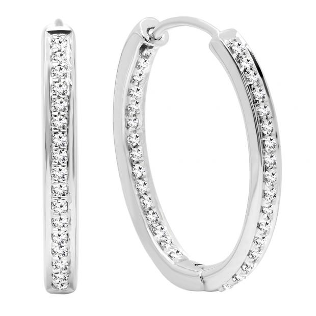 0.23 Carat (ctw) 18K White Gold Round Cut White Diamond Ladies Hoop Earrings 1/4 CT