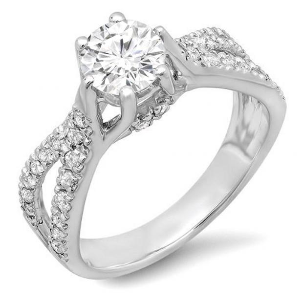 1.14 Carat (ctw) 18K White Gold Round Diamond Ladies Engagement Bridal Split Shank Ring; 0.74 CT center