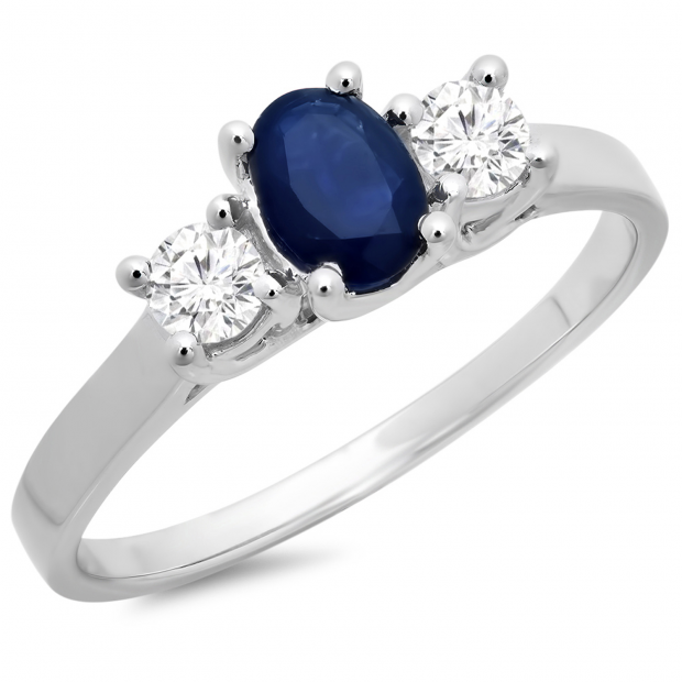 1.10 Carat (ctw) 14K White Gold Oval Cut Blue Sapphire & Round Cut White Diamond Ladies Bridal 3 Stone Engagement Ring 1 CT