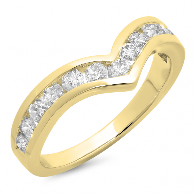 0.60 Carat (ctw) 14K Yellow Gold Round Real White Diamond Wedding Stackable Band Anniversary Guard Chevron Ring