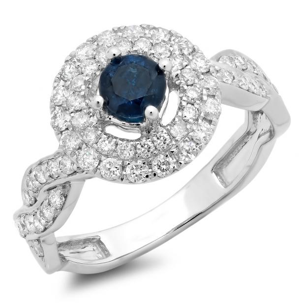 1.15 Carat (ctw) 10K White Gold Round Cut Blue & White Diamond Ladies Swirl Bridal Halo Engagement Ring