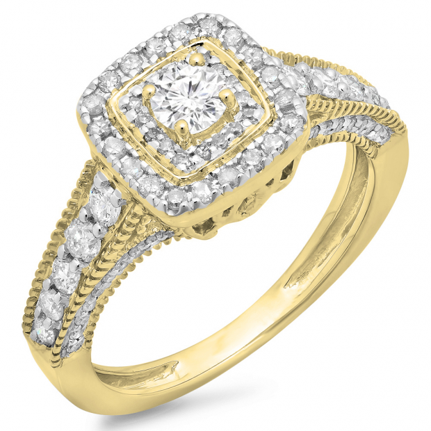 0.90 Carat (ctw) 10K Yellow Gold Round Cut White Diamond Ladies Bridal Vintage Halo Style Engagement Ring