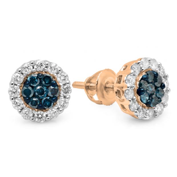 0.60 Carat (ctw) 14K Rose Gold Round Blue & White Diamond Ladies Cluster Stud Earrings