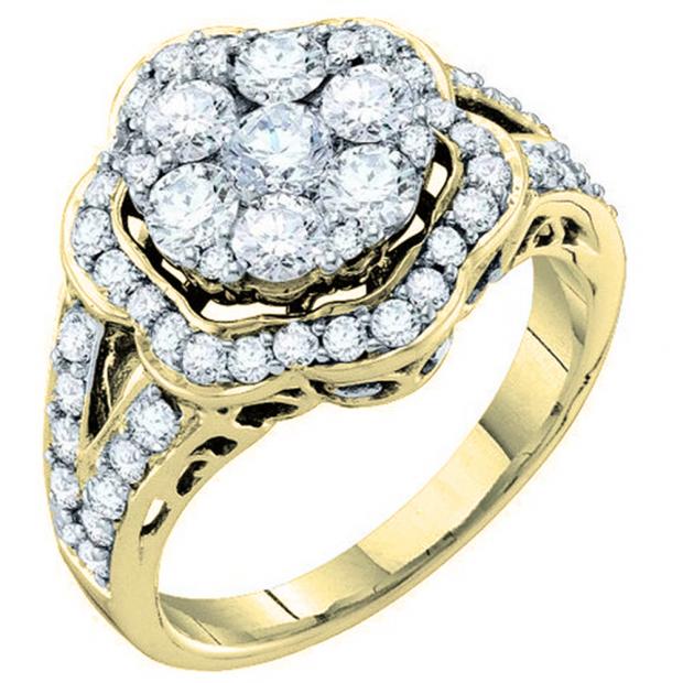 2.00 Carat (ctw) 14K Yellow Gold Round Cut White Diamond Ladies Cluster Flower Engagement Ring 2 CT