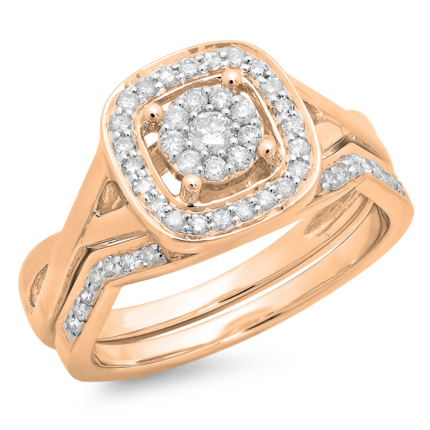 0.45 Carat (ctw) 10K Rose Gold Round White Diamond Ladies Bridal Split Shank Engagement Ring Matching Band Set 1/2 CT