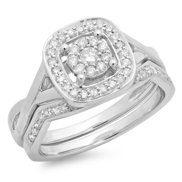 0.45 Carat (ctw) 18K White Gold Round White Diamond Ladies Bridal Split Shank Engagement Ring Matching Band Set 1/2 CT