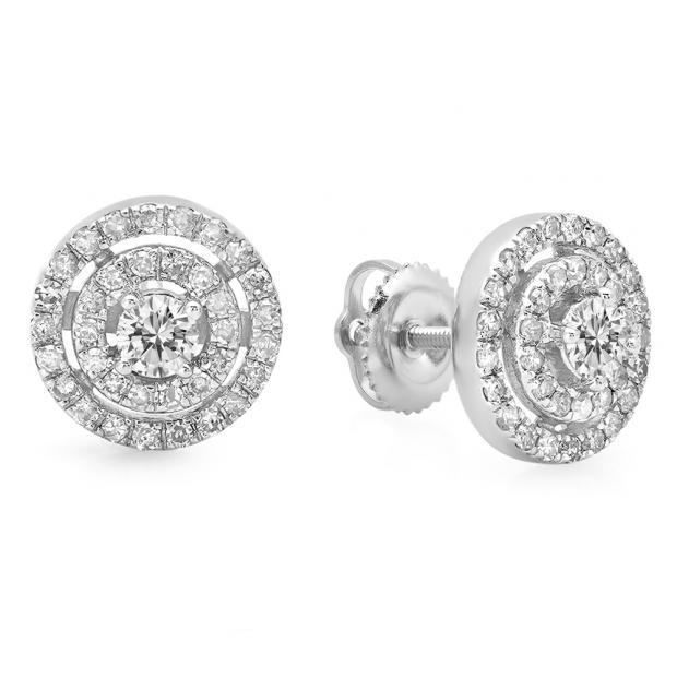 0.70 Carat (ctw) 10K White Gold Round Cut White Diamond Ladies Circle Halo Stud Earrings 3/4 CT