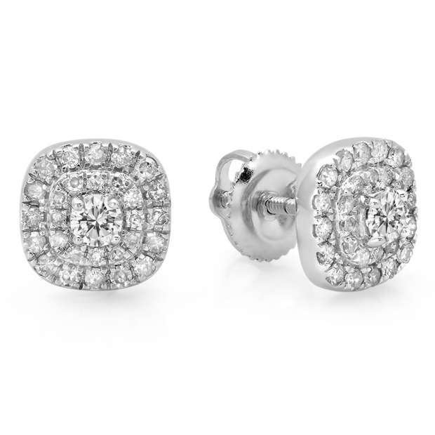 0.55 Carat (ctw) 10K White Gold Round Cut White Diamond Ladies Square Frame Halo Stud Earrings 1/2 CT