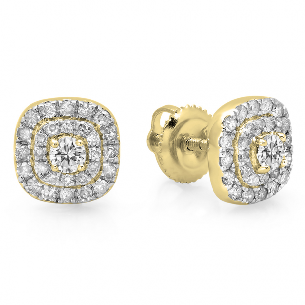 0.55 Carat (ctw) 18K Yellow Gold Round Cut White Diamond Ladies Square Frame Halo Stud Earrings 1/2 CT