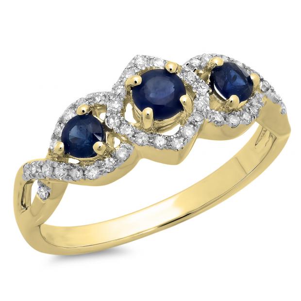 0.85 Carat (ctw) 18K Yellow Gold Round Blue Sapphire & White Diamond Ladies Bridal Split Shank Vintage 3 Stone Engagement Ring