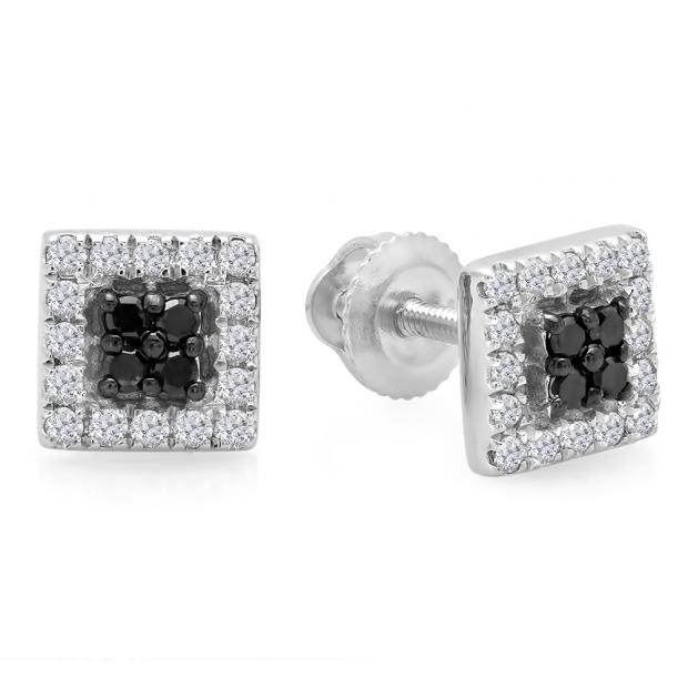 0.25 Carat (ctw) 14K White Gold Round Cut Black & White Diamond Square Shaped Stud Earrings 1/4 CT