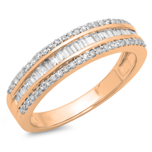 0.60 Carat (ctw) 10K Rose Gold Round & Baguette Diamond Ladies Bridal Anniversary Wedding Band Ring