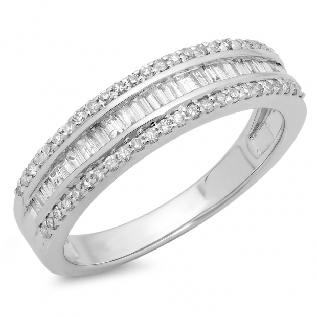 0.60 Carat (ctw) 14K White Gold Round & Baguette Diamond Ladies Bridal Anniversary Wedding Band Ring