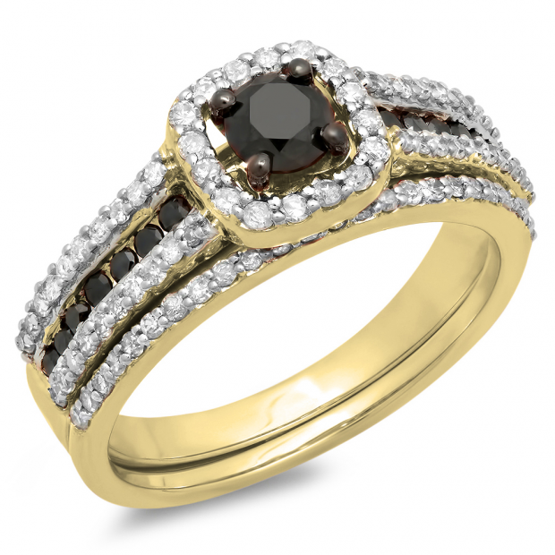 1.00 Carat (ctw) 10K Yellow Gold Round Black And White Diamond Ladies Bridal Halo Style Engagement Ring With Wedding Band Set 1 CT