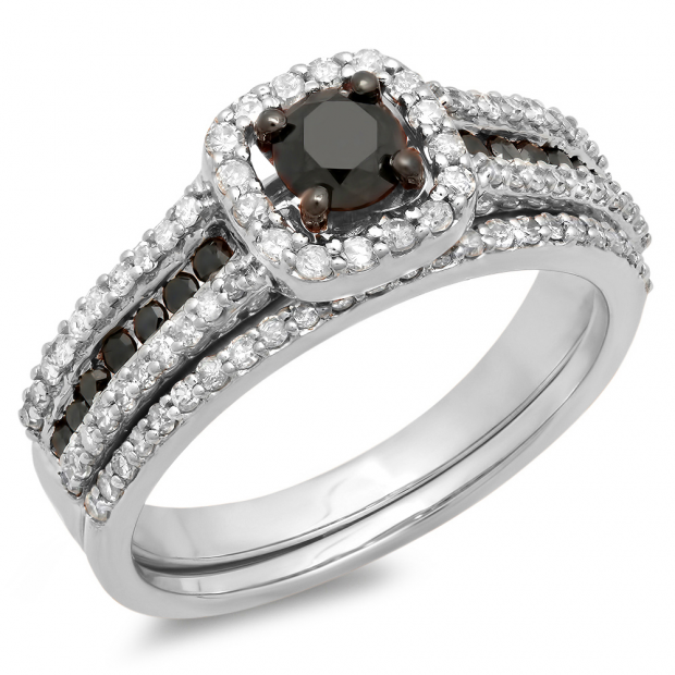 1.00 Carat (ctw) 14K White Gold Round Black And White Diamond Ladies Bridal Halo Style Engagement Ring With Wedding Band Set 1 CT