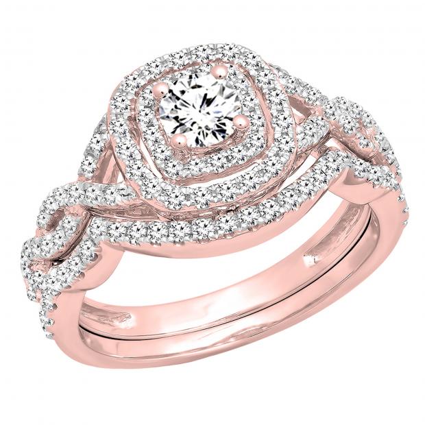 1.00 Carat (ctw) 14K Rose Gold Round Cut White Diamond Ladies Swirl Bridal Split Shank Halo Engagement Ring With Matching Band Set 1 CT