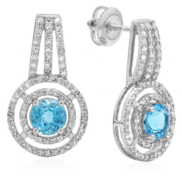 2.30 Carat (ctw) 14K White Gold Round Cut Blue Topaz & White Diamond Ladies Halo Style Drop Earrings