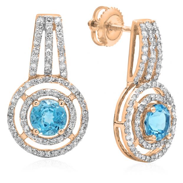 2.30 Carat (ctw) 18K Rose Gold Round Cut Blue Topaz & White Diamond Ladies Halo Style Drop Earrings