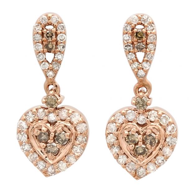 0.50 Carat (ctw) 14K Rose Gold Round Champagne & White Diamond Ladies Heart Dangling Earrings 1/2 CT