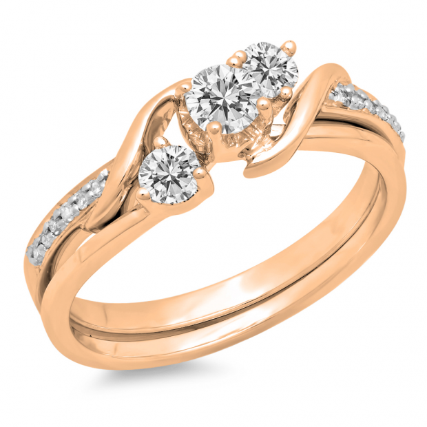 0.50 Carat (ctw) 14K Rose Gold Round Diamond Ladies Swirl Bridal 3 Stone Engagement Ring With Matching Band Set 1/2 CT