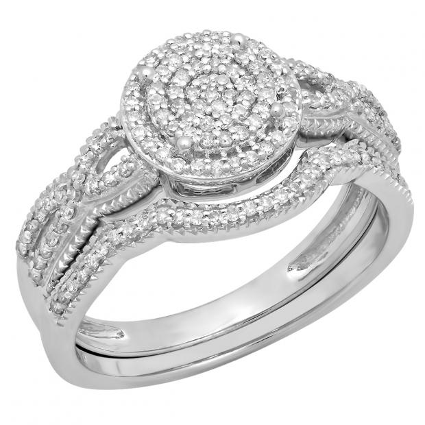 0.40 Carat (ctw) 14K White Gold Round White Diamond Ladies Micro Pave Swirl Split Shank Engagement Ring Set