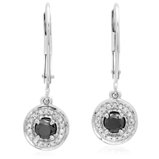 0.50 Carat (ctw) 10K White Gold Round Cut Black & White Diamond Ladies Halo Style Dangling Drop Earrings 1/2 CT