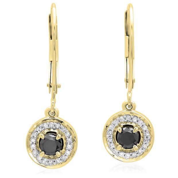 0.50 Carat (ctw) 14K Yellow Gold Round Cut Black & White Diamond Ladies Halo Style Dangling Drop Earrings 1/2 CT