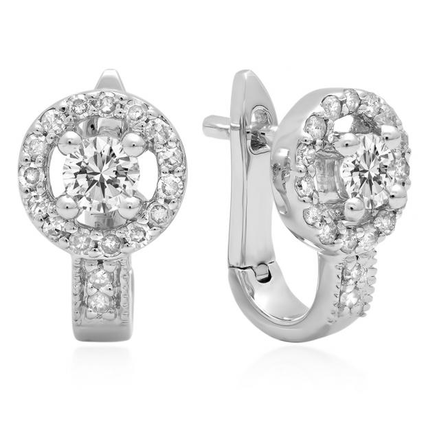 0.50 Carat (ctw) 10K White Gold Round White Diamond Ladies Halo Style Hoop Earrings 1/2 CT