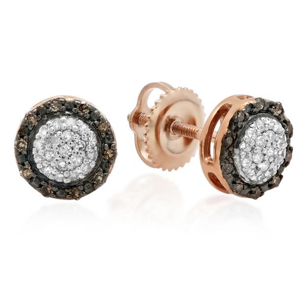 0.25 Carat (ctw) 14K Rose Gold Round Champagne & White Diamond Ladies Cluster Style Stud Earrings 1/4 CT