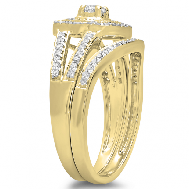 0.60 Carat (ctw) 18K Yellow Gold Round Cut Diamond Ladies Bridal Split Shank Halo Engagement Ring with Matching Band Set